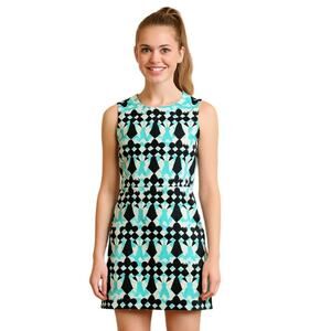 Milly of New York Geometric Print Mini Dress 8 Aqua Blue Black Pockets USA